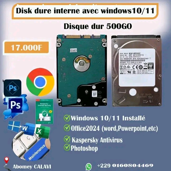 DISQUE DUR 500 Go AVEC WINDOWS 10 ou11 PRÊT À L'EMPLOI